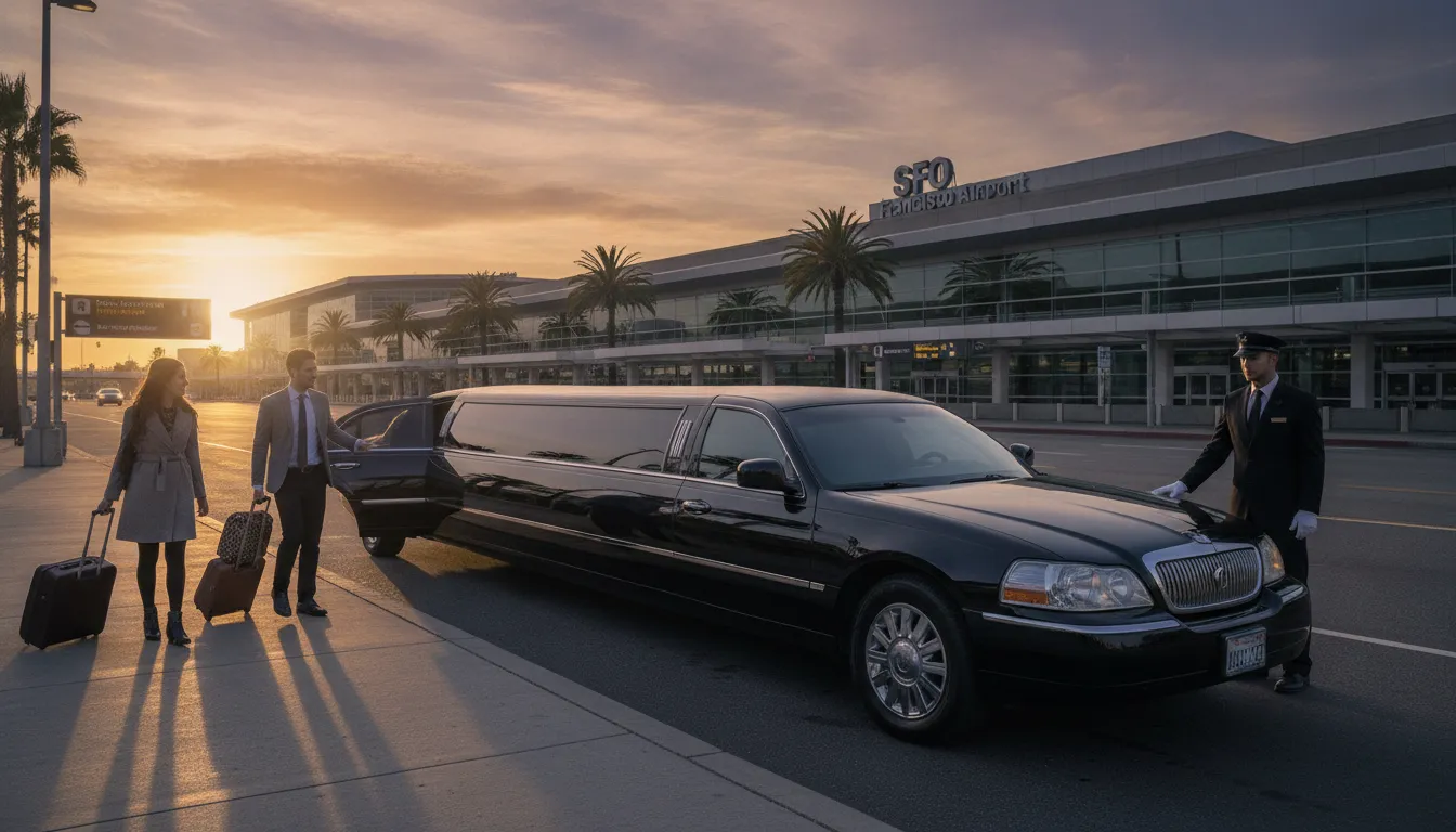 Luxury black limousine at San Francisco International Airport terminal with professional chauffeur