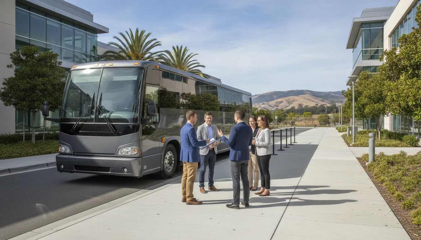 Transportation coordinator organizing San Mateo charter bus boarding