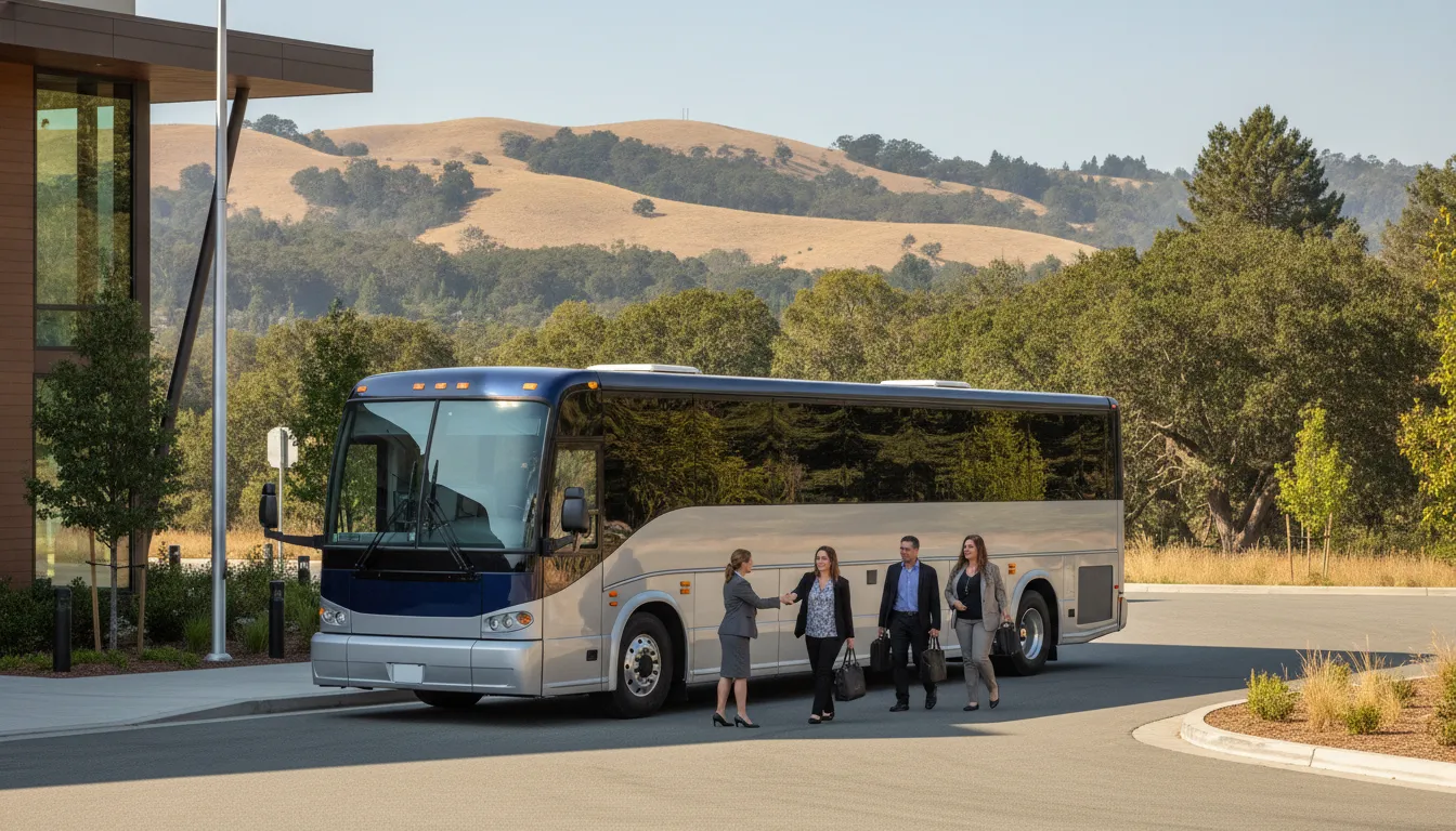 Charter bus pickup staging for a San Mateo group event