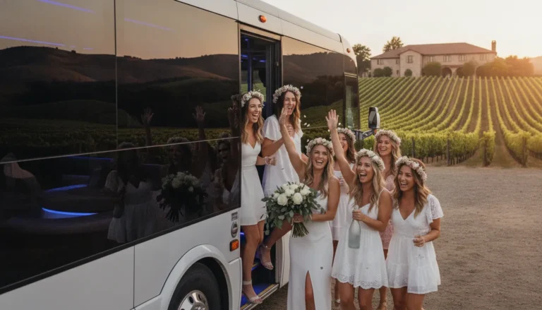 Bachelorette group boarding a luxury party bus at a Napa Valley winery
