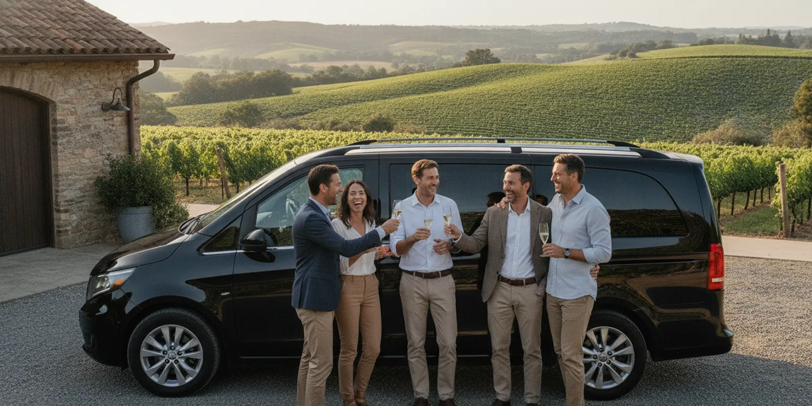 A group of friends boarding a chauffeured vehicle for a Napa Valley celebration