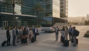 Modern charter bus arriving for a group trip in San Jose
