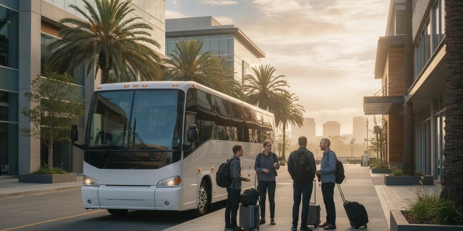 Charter bus waiting for a group outside a modern Santa Clara venue