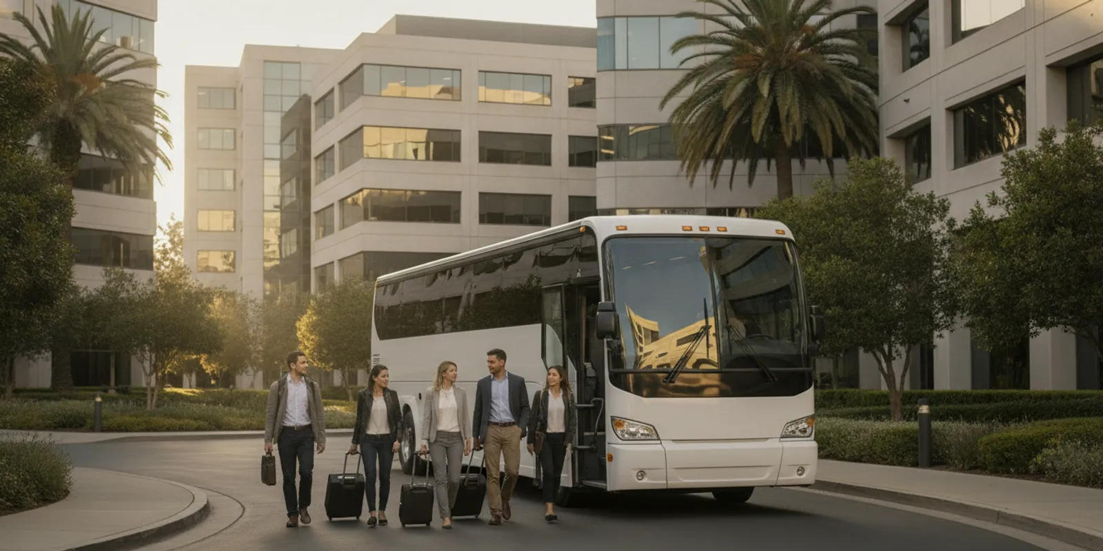 Charter bus waiting near a modern Sunnyvale office campus with passengers preparing to board