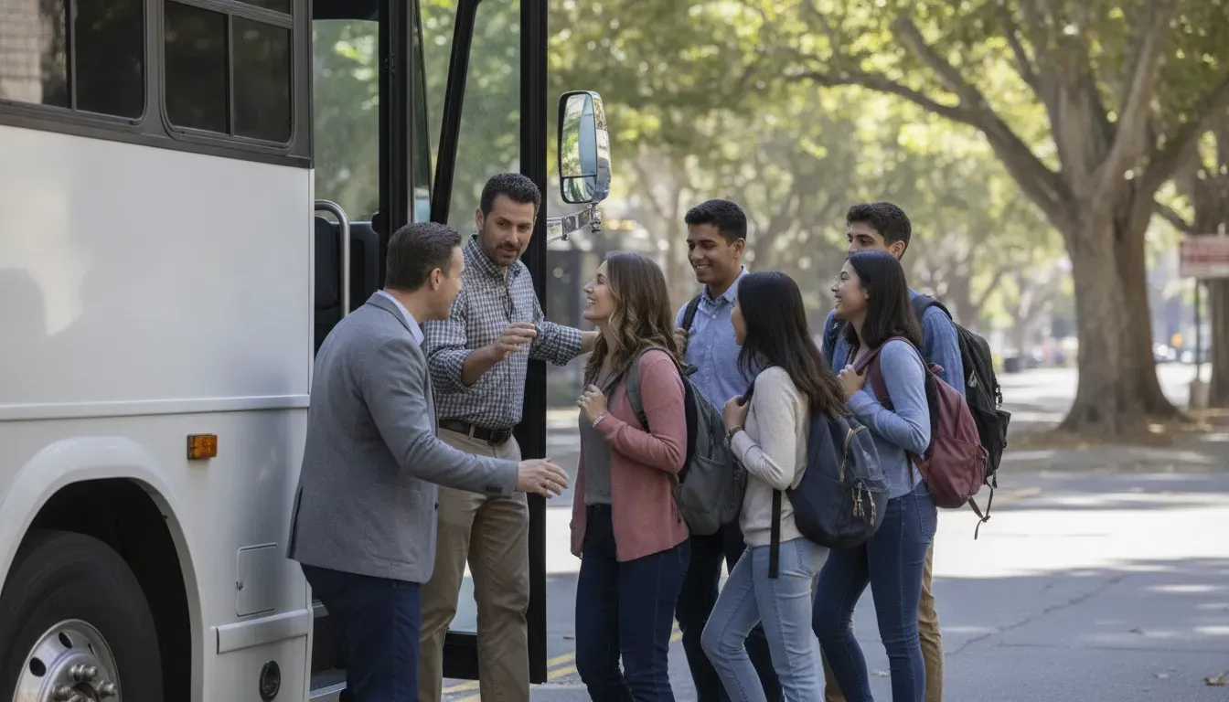 College students boarding a charter bus with trip coordinators for a San Francisco event
