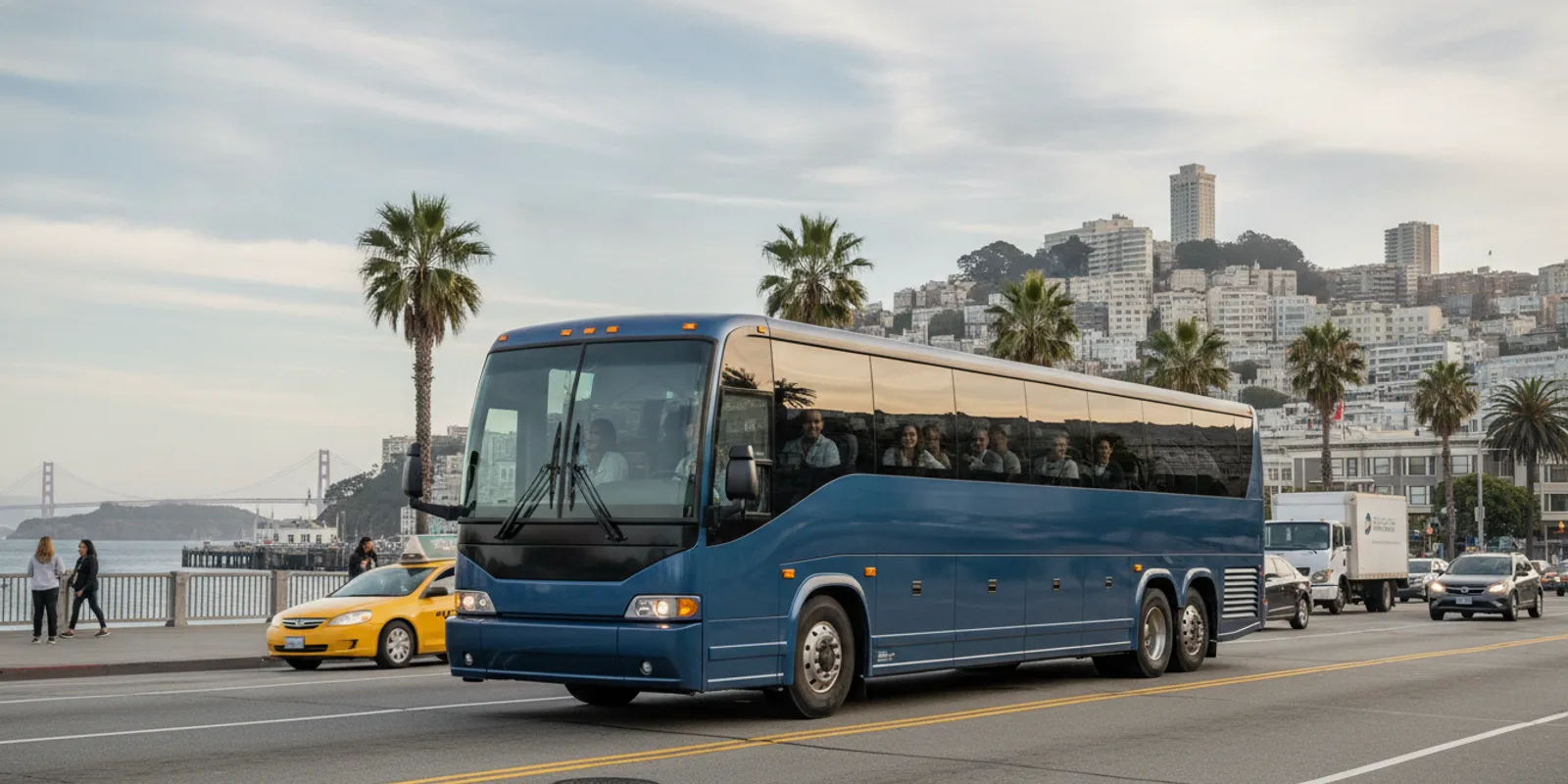 A passenger coach carrying a group along a San Francisco street near the waterfront.