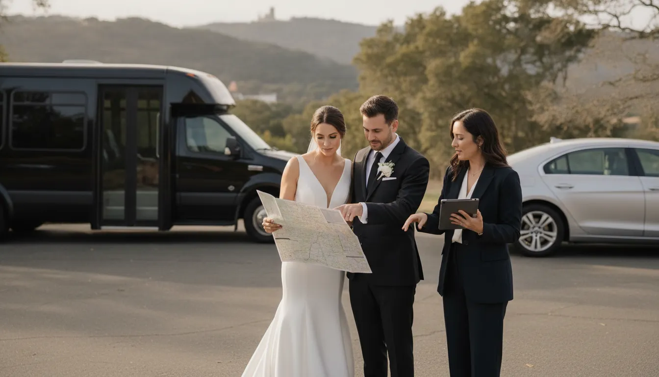 Couple and wedding coordinator planning Bay Area wedding transportation