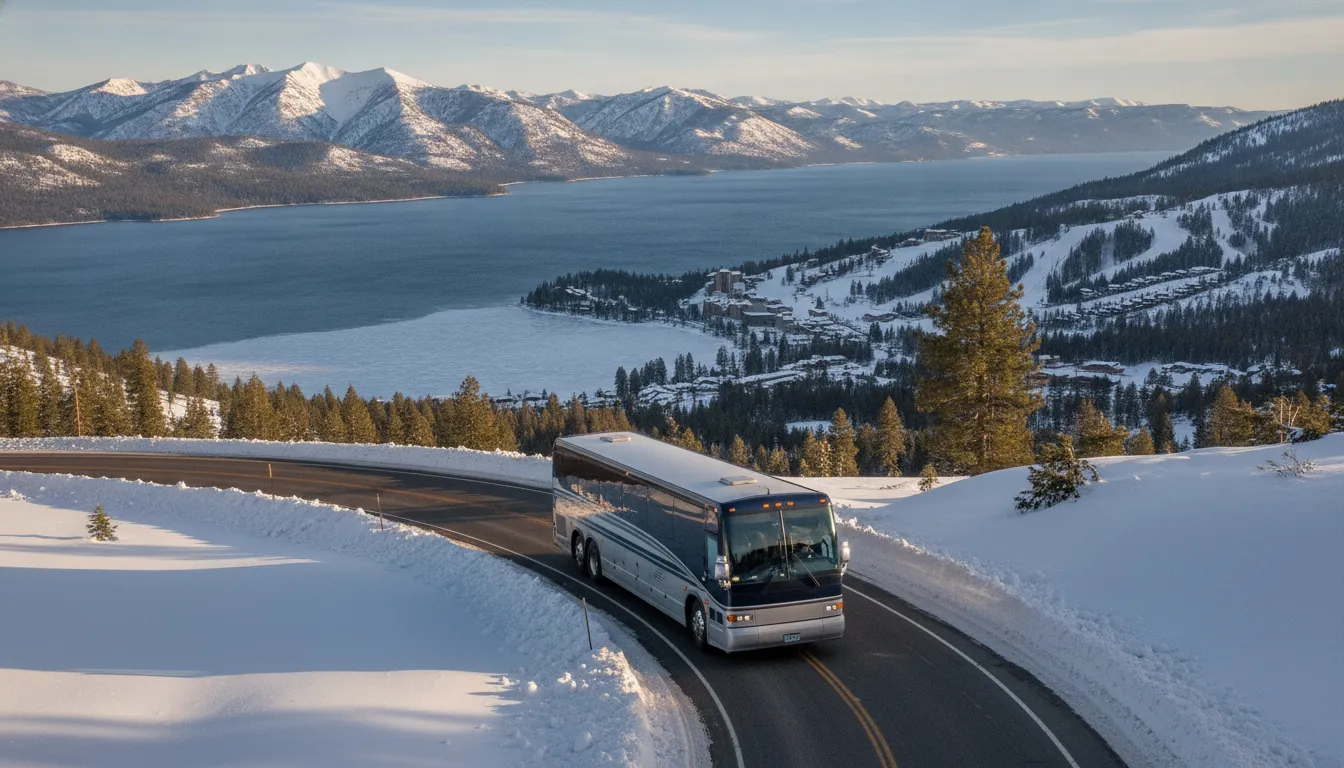 Motor coach traveling through the Sierra Nevada toward Lake Tahoe