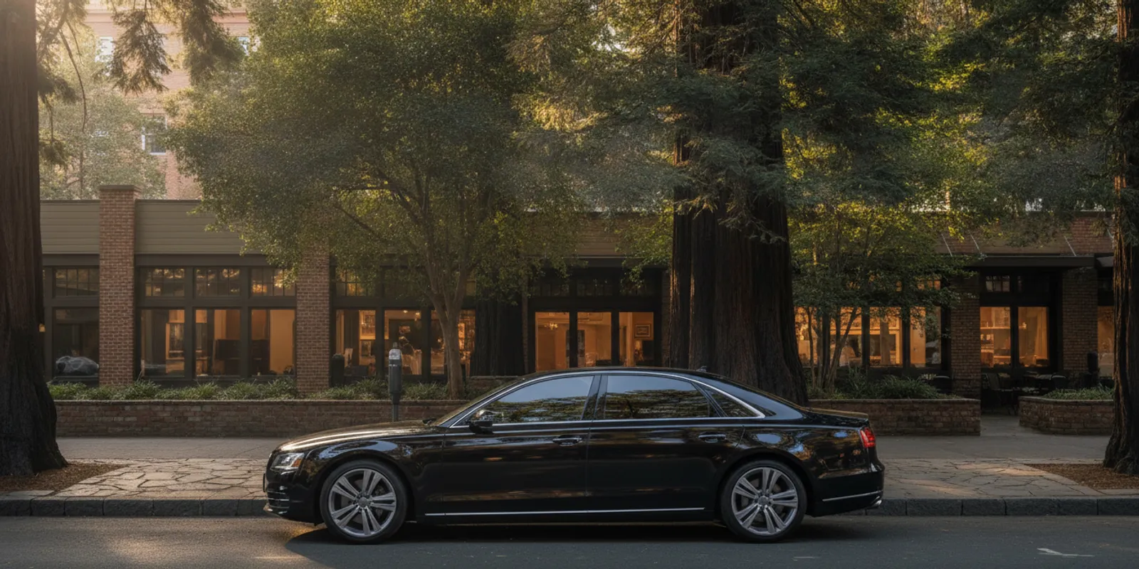 A black luxury sedan waiting along a tree-lined Redwood City street