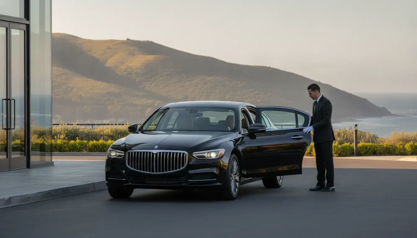 Unbranded black chauffeured sedan arriving at a Marin County event venue