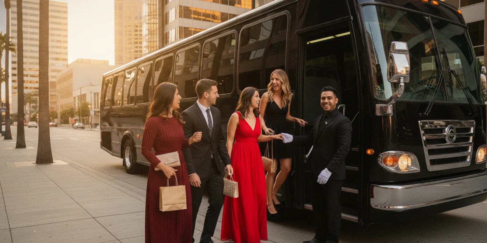 A group boarding a modern party bus for a Santa Clara celebration