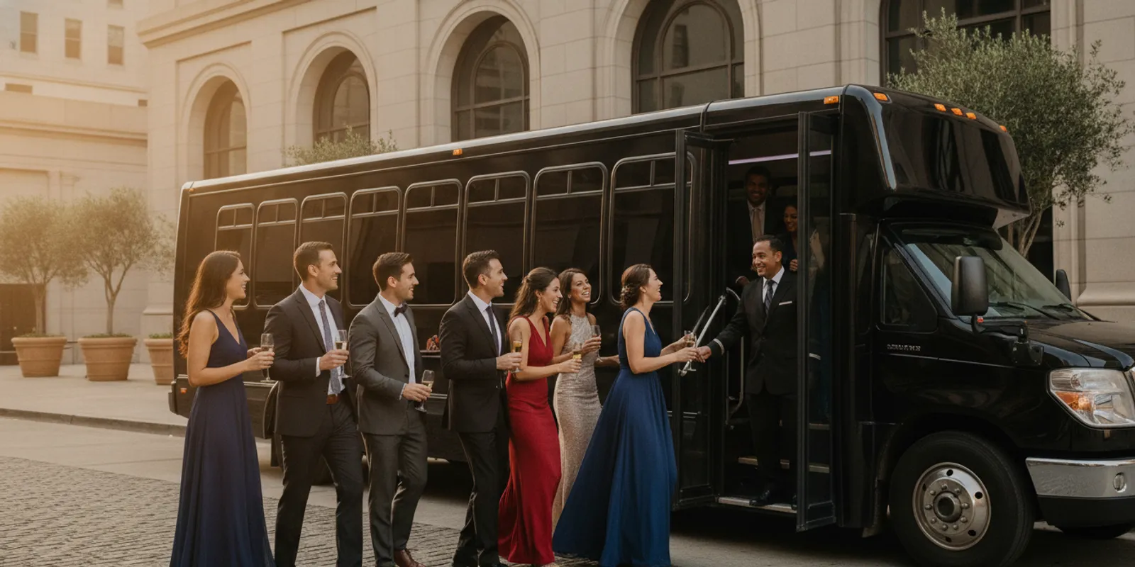 A group boarding a black party bus for a Bay Area celebration