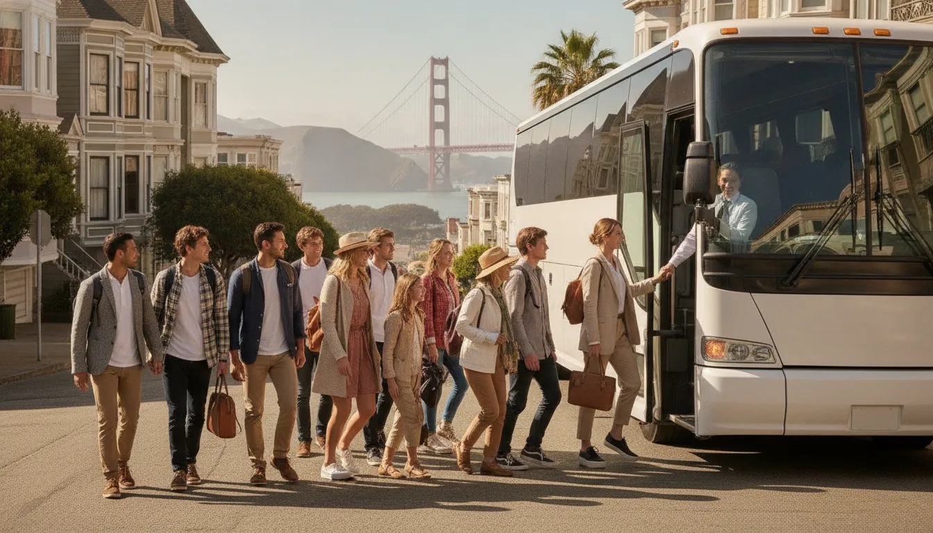 Visiting group boarding a coach near the San Francisco skyline