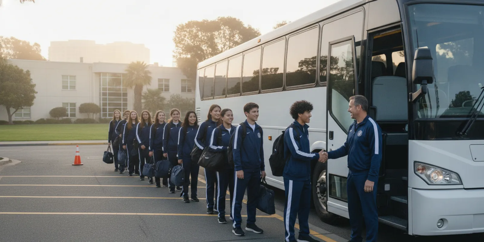 School athletes boarding a charter bus with coaches before a tournament