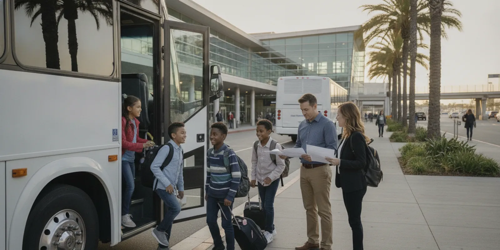 Students with luggage boarding a charter bus outside a Bay Area airport with school chaperones nearby